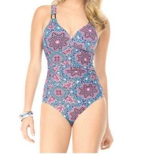 Spanx Love Your Assets By Sara Blakey Blue Paisley One Piece Ruched Swimsuit
